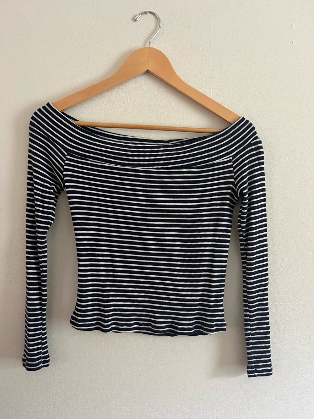 Striped Off-Shoulder Long Sleeve Top - Navy & White